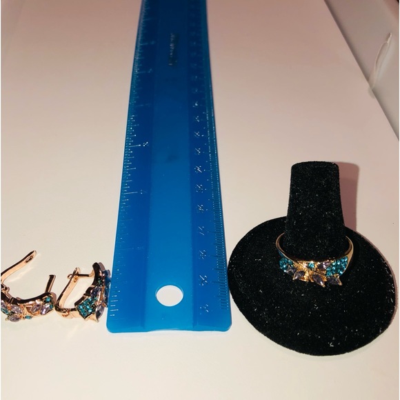 Rose Gold Ring 10 & Earrings, Amethyst leaves & Teal Zircon - Picture 9 of 12